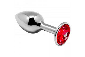 Серебристая анальная втулка с красным кристаллом Mini Metal Butt Plug Size S - 7 см.