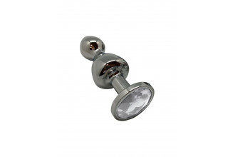 Серебристая анальная втулка Wooomy Lollypop M с прозрачным кристаллом - 9,4 см.