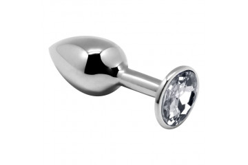 Серебристая анальная втулка с прозрачным кристаллом Mini Metal Butt Plug Size S - 7 см.
