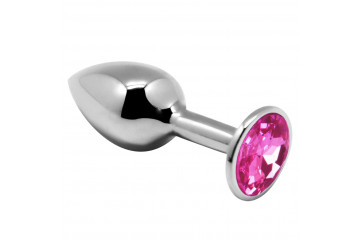 Серебристая анальная втулка с розовым кристаллом Mini Metal Butt L - 9 см.