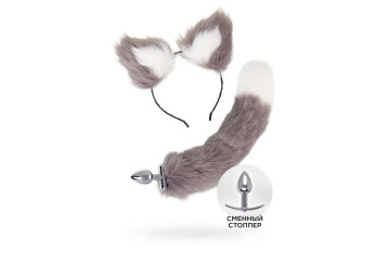 Оригинальный комплект: анальная пробка с 2 сменными ограничителями и ободок с ушками