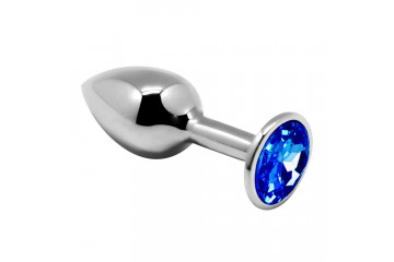 Серебристая анальная втулка с синим кристаллом Mini Metal Butt Plug Size S - 7 см.
