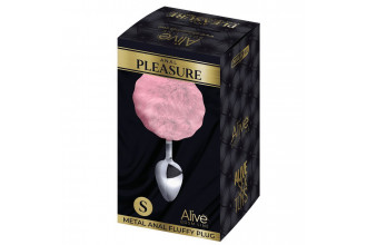 Серебристая анальная втулка с розовым хвостиком Alive Metal Anal Fluffly Plug S