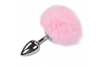 Серебристая анальная втулка с розовым хвостиком Alive Metal Anal Fluffly Plug S