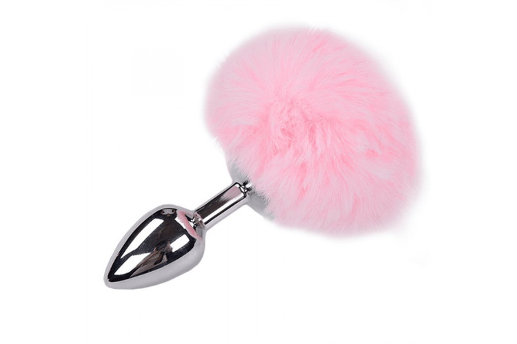 Серебристая анальная втулка с розовым хвостиком Alive Metal Anal Fluffly Plug S