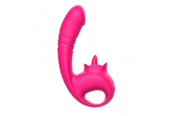 Розовый изогнутый вибратор с фрикциями - 19,7 см.