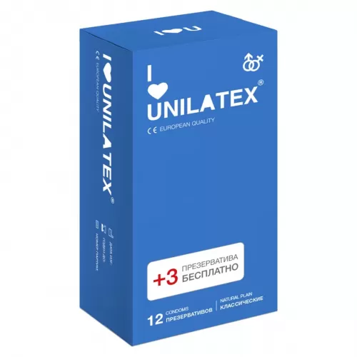 Классические презервативы Unilatex Natural Plain - 12 шт. + 3 шт. в подарок  