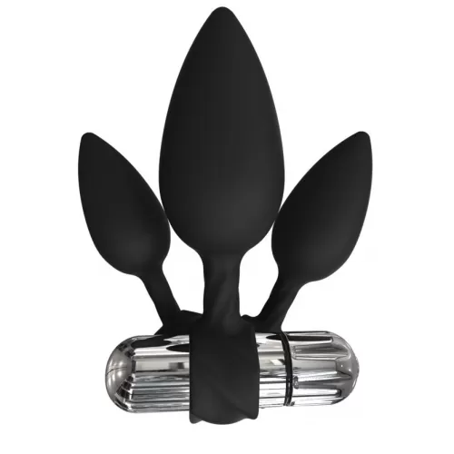 Набор из 3 анальных плагов и вибропули Bathmate Anal Training Plugs VIBE черный с серебристым 