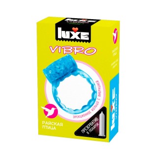 Голубое эрекционное виброкольцо Luxe VIBRO  Райская птица  + презерватив голубой 