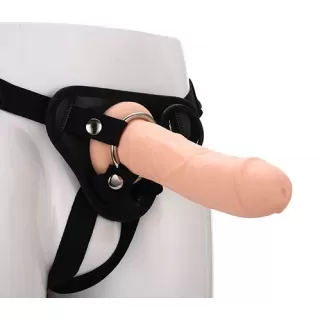 Черные трусики с телесной насадкой STRAP ON REAL DILDO - 21 см телесный с черным 