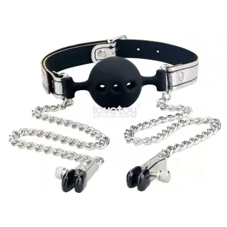 Серебристо-черный кляп с зажимами на соски Breathable Ball Gag With Nipple Clamp серебристый с черным 