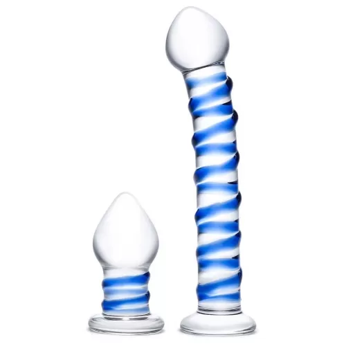 Набор из 2 стеклянных игрушек с синей спиралью Swirly Dildo & Buttplug Set прозрачный 