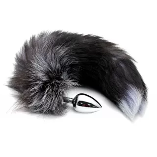 Серебристая анальная пробка с темным лисьим хвостом Black & White Fox Tail Size M серебристый с черным 