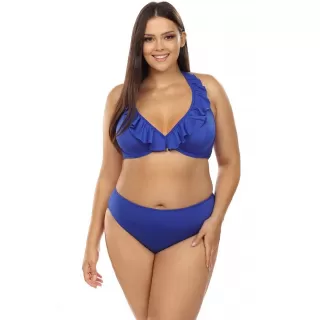 Раздельный купальник plus size с игривой оборкой на лифе синий 80E/40