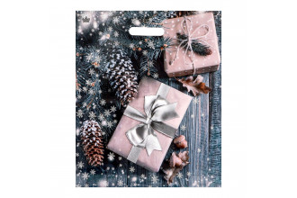 Новогодний пакет с принтом в виде подарков и вырубной ручкой (45х38 см)