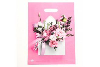 Розовый пакет с цветочным принтом и вырубной ручкой (40х31 см)