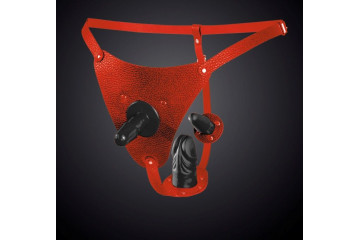 Красные кожаные трусики со штырьком и двумя съёмными стимуляторами