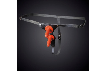 Чёрные кожаные трусики с двумя штырьками для насадок