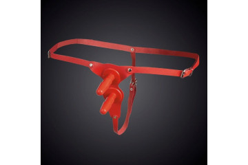 Красные кожаные универсальные трусики с двумя штырьками для насадок